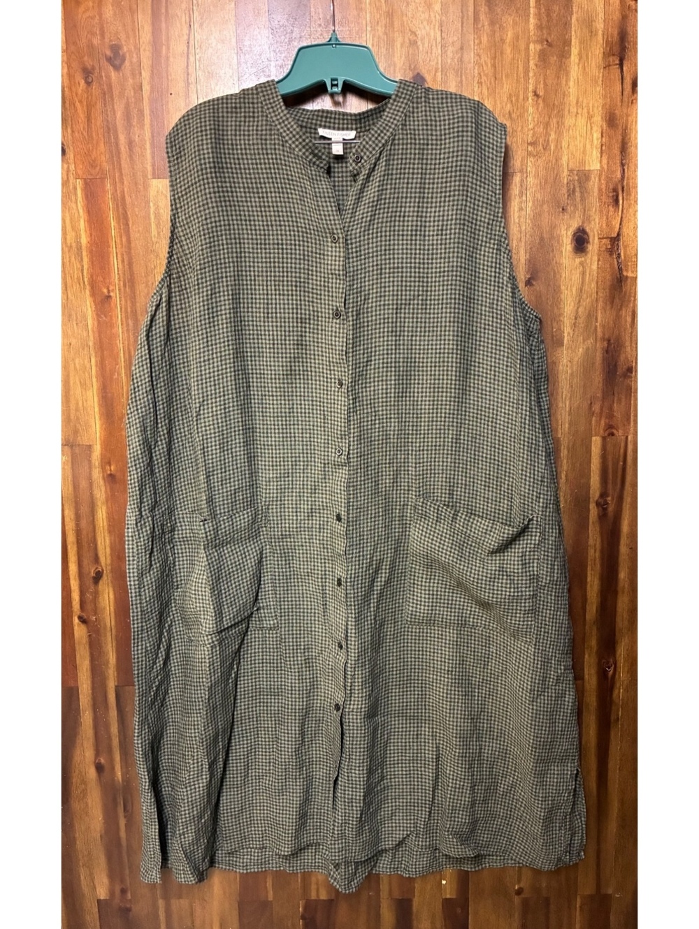 Eileen Fisher Organic Linen Olive Gingham Sleeveless Shirtdress 1X